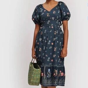 Reistor Organic Cotton Floral Puff Sleeve Midi Dress Teal Sz 2XL Cottage Prairie